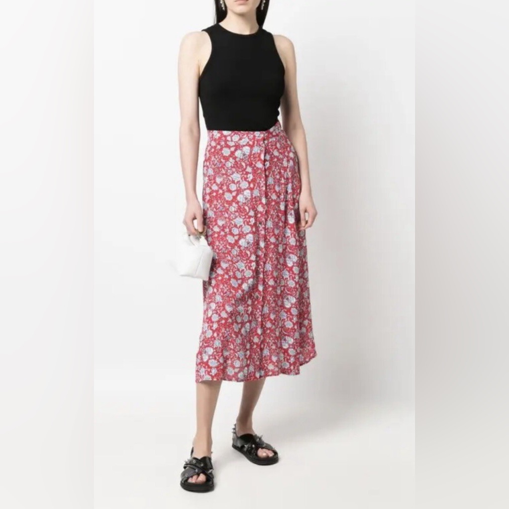 Zadig & Voltaire 36 S June Floral Midi Skirt Red Blue Button Front Boho
